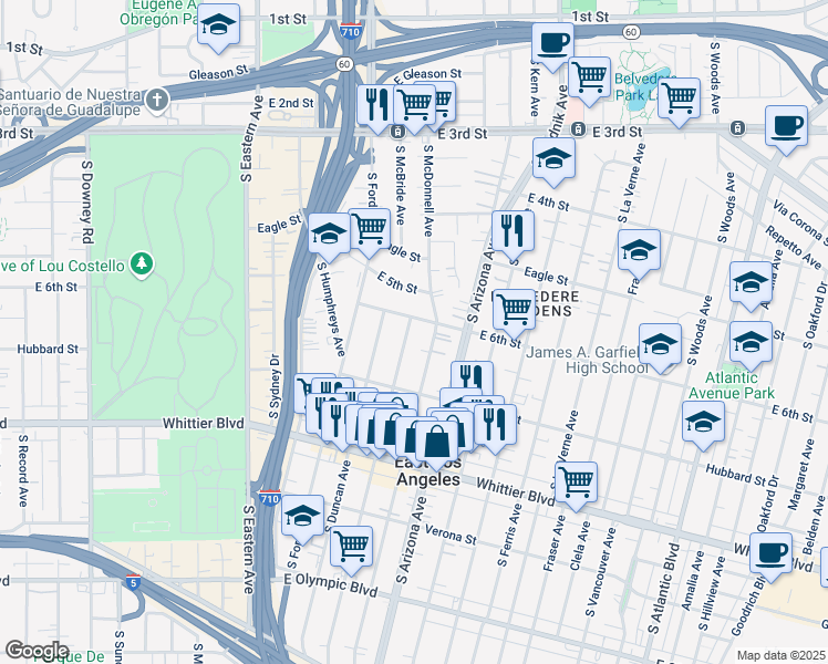 map of restaurants, bars, coffee shops, grocery stores, and more near 618 South McBride Avenue in East Los Angeles