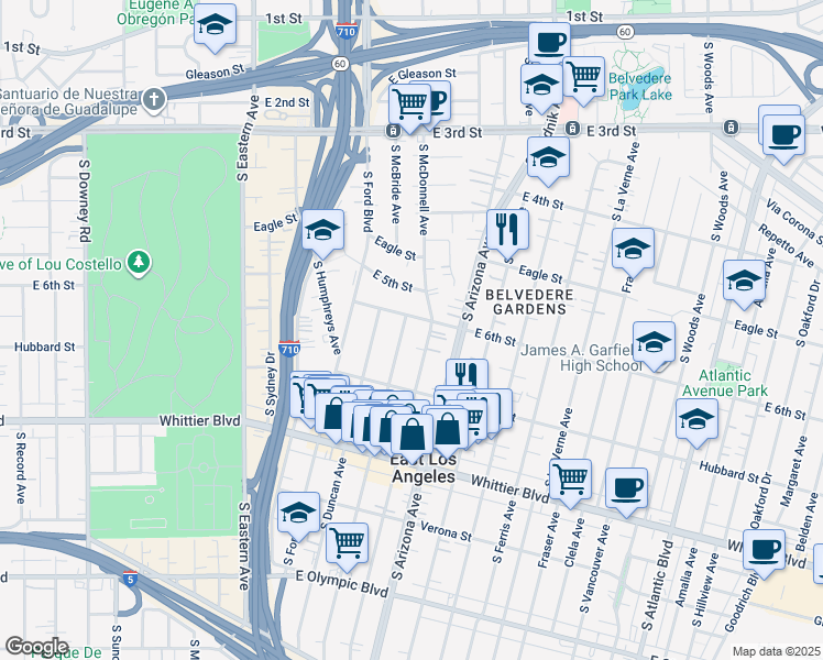 map of restaurants, bars, coffee shops, grocery stores, and more near 618 South McBride Avenue in East Los Angeles