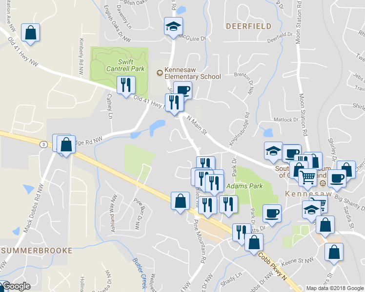 map of restaurants, bars, coffee shops, grocery stores, and more near 1016 Kennesborough Road Northwest in Kennesaw