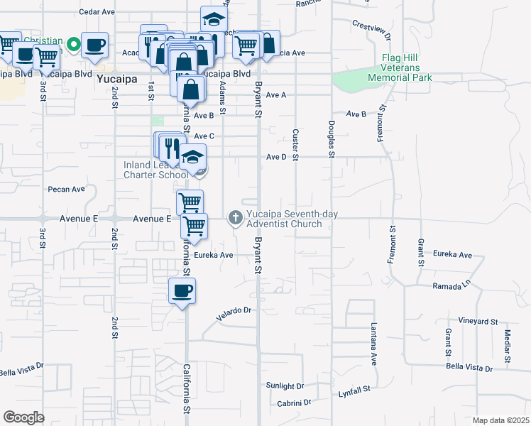 map of restaurants, bars, coffee shops, grocery stores, and more near 12452 Bryant Street in Yucaipa