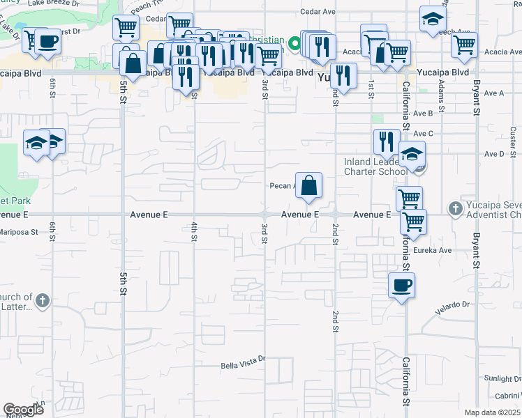 map of restaurants, bars, coffee shops, grocery stores, and more near 12444 3rd Street in Yucaipa