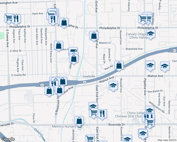 map of restaurants, bars, coffee shops, grocery stores, and more near 12450 East End Avenue in Chino