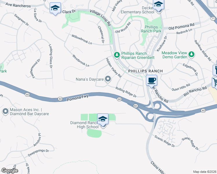 map of restaurants, bars, coffee shops, grocery stores, and more near 14 Knoll Ridge Drive in Pomona