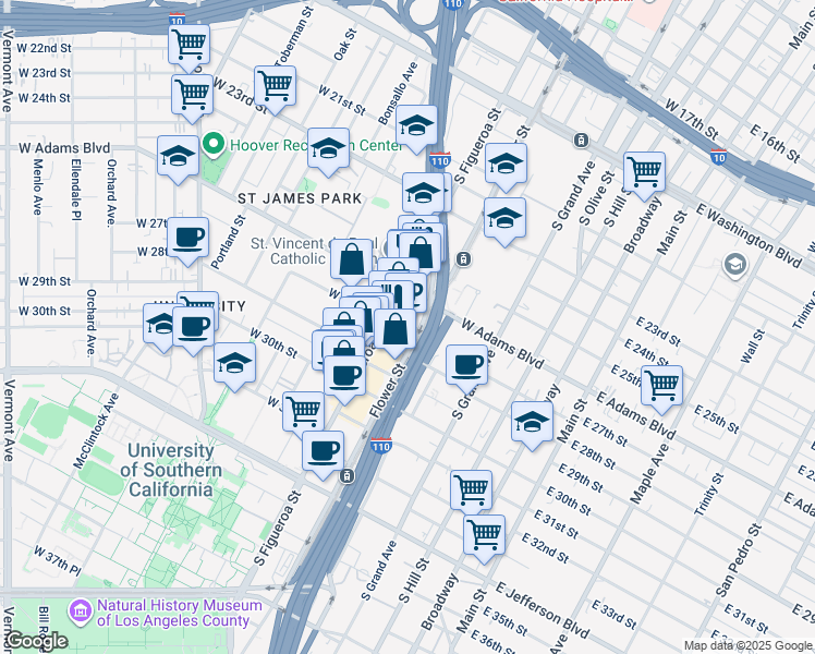 map of restaurants, bars, coffee shops, grocery stores, and more near 2626 South Figueroa Street in Los Angeles