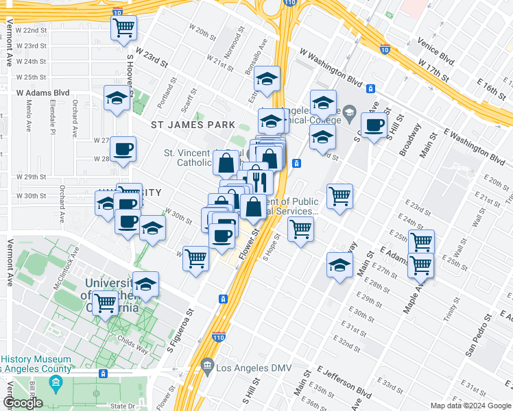 map of restaurants, bars, coffee shops, grocery stores, and more near 2626 South Figueroa Street in Los Angeles