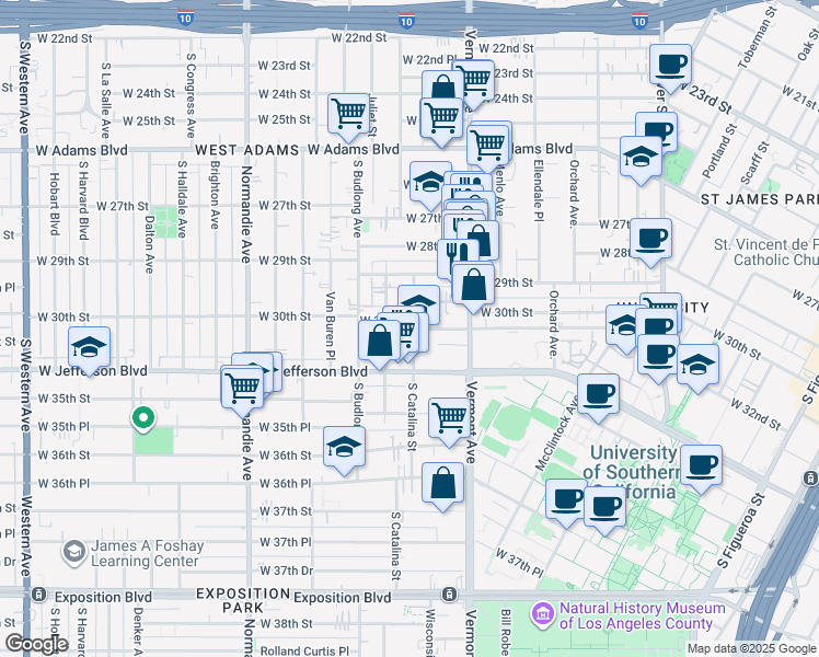 map of restaurants, bars, coffee shops, grocery stores, and more near 2938 Walton Avenue in Los Angeles