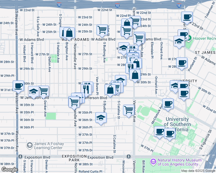 map of restaurants, bars, coffee shops, grocery stores, and more near 2955 Budlong Avenue in Los Angeles
