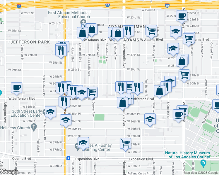 map of restaurants, bars, coffee shops, grocery stores, and more near 2957 Brighton Avenue in Los Angeles