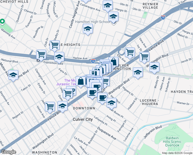 map of restaurants, bars, coffee shops, grocery stores, and more near 3734 South Canfield Avenue in Los Angeles