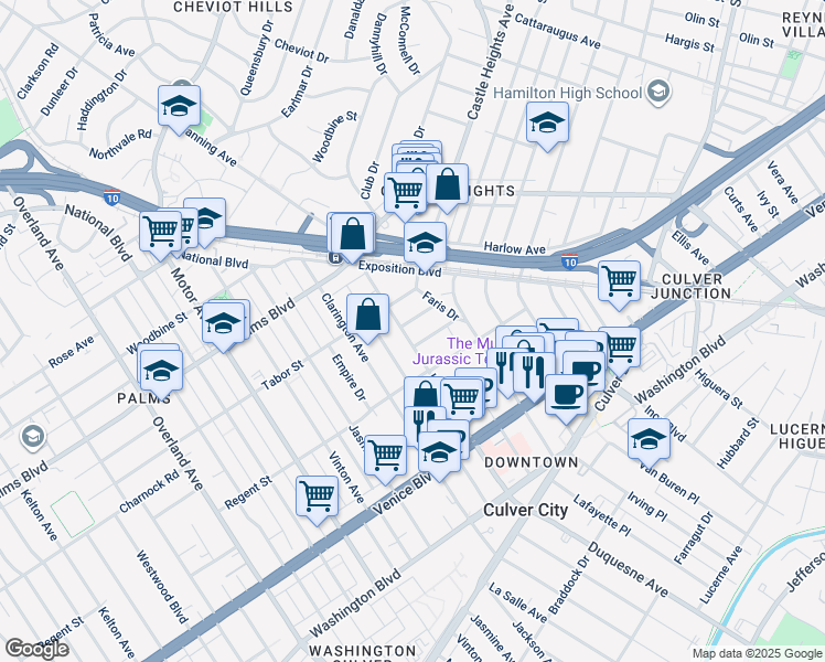 map of restaurants, bars, coffee shops, grocery stores, and more near 9827 Hannum Drive in Los Angeles