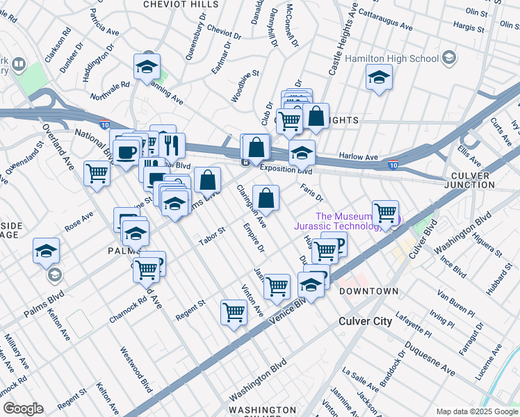 map of restaurants, bars, coffee shops, grocery stores, and more near 3546 Clarington Avenue in Los Angeles