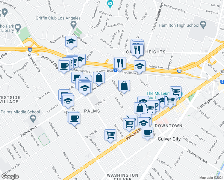 map of restaurants, bars, coffee shops, grocery stores, and more near 3546 Clarington Avenue in Los Angeles