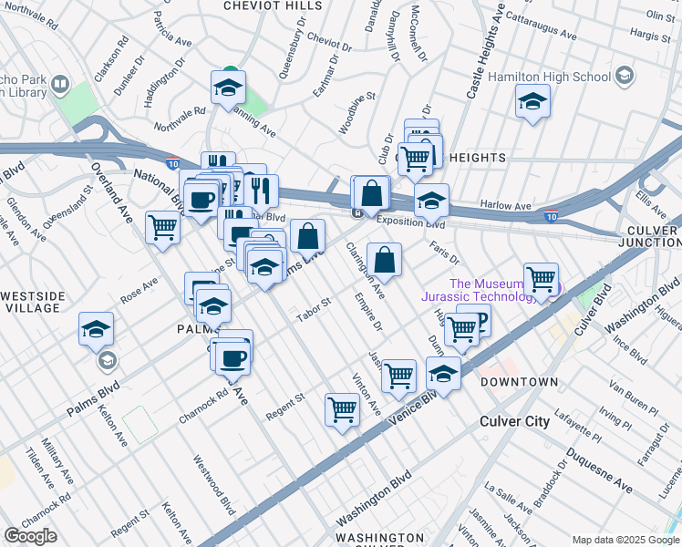 map of restaurants, bars, coffee shops, grocery stores, and more near 10138 Palms Boulevard in Los Angeles