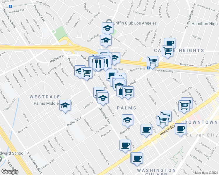 map of restaurants, bars, coffee shops, grocery stores, and more near 3387 Motor Avenue in Los Angeles