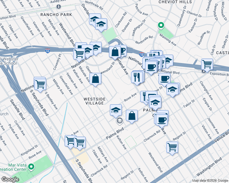 map of restaurants, bars, coffee shops, grocery stores, and more near 3261 Overland Avenue in Los Angeles