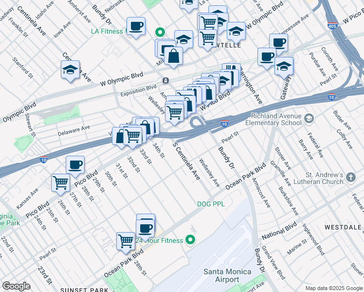 map of restaurants, bars, coffee shops, grocery stores, and more near 2405 South Centinela Avenue in Los Angeles