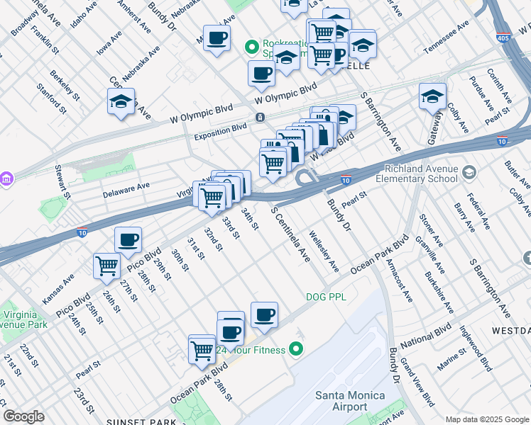 map of restaurants, bars, coffee shops, grocery stores, and more near 2405 South Centinela Avenue in Los Angeles