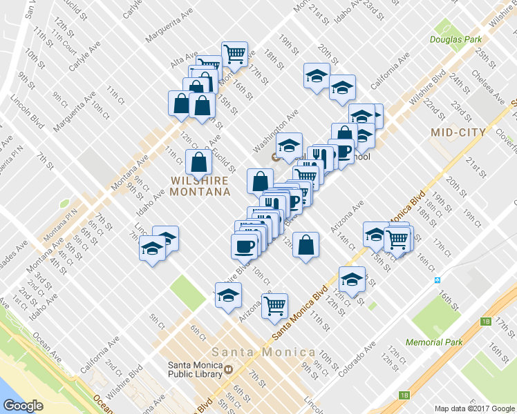 map of restaurants, bars, coffee shops, grocery stores, and more near 1308 California Avenue in Santa Monica