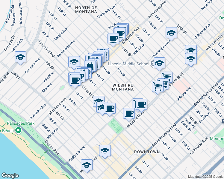 map of restaurants, bars, coffee shops, grocery stores, and more near in Santa Monica