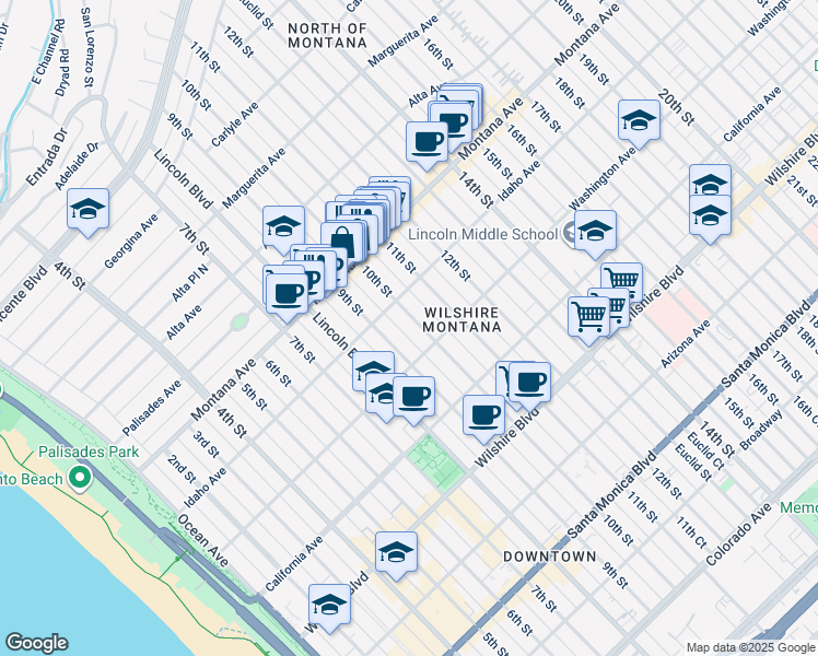 map of restaurants, bars, coffee shops, grocery stores, and more near in Santa Monica