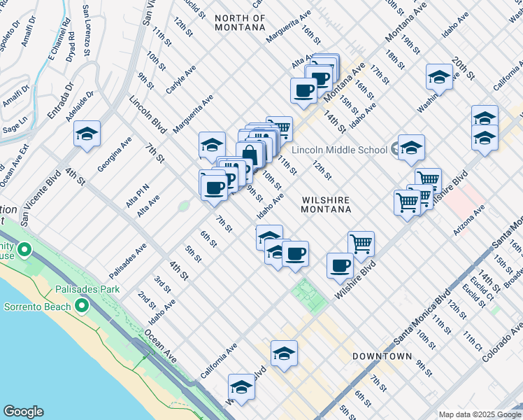 map of restaurants, bars, coffee shops, grocery stores, and more near 847 9th Street in Santa Monica