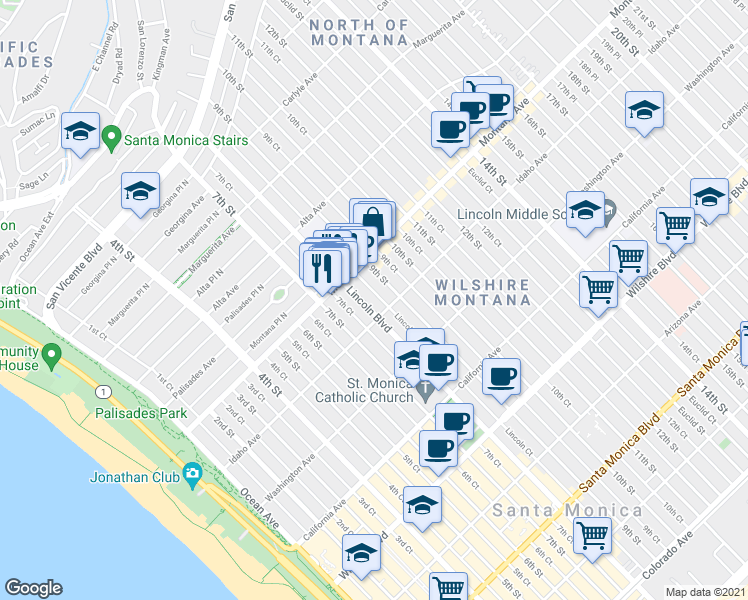 map of restaurants, bars, coffee shops, grocery stores, and more near 817 Lincoln Boulevard in Santa Monica