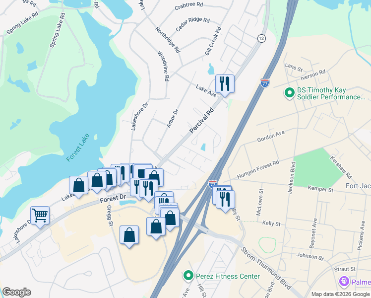 map of restaurants, bars, coffee shops, grocery stores, and more near 313-321 Percival Road in Columbia