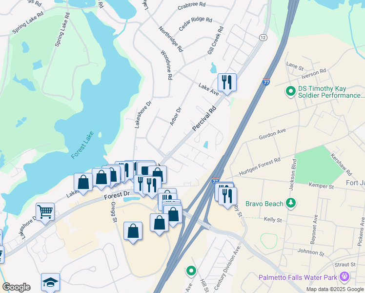 map of restaurants, bars, coffee shops, grocery stores, and more near 313-321 Percival Road in Columbia