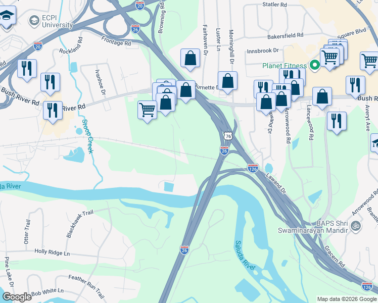 map of restaurants, bars, coffee shops, grocery stores, and more near 1208 Bush River Road in Columbia