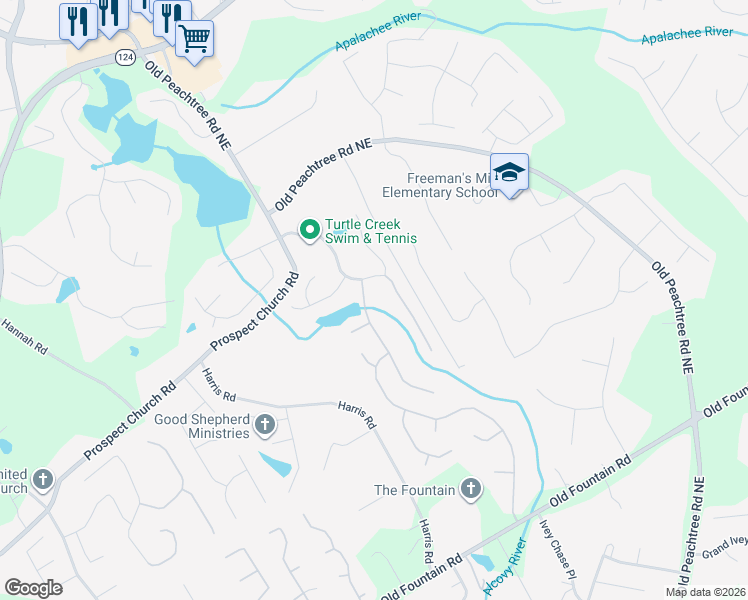 map of restaurants, bars, coffee shops, grocery stores, and more near 1529 Turtlebrook Lane in Lawrenceville