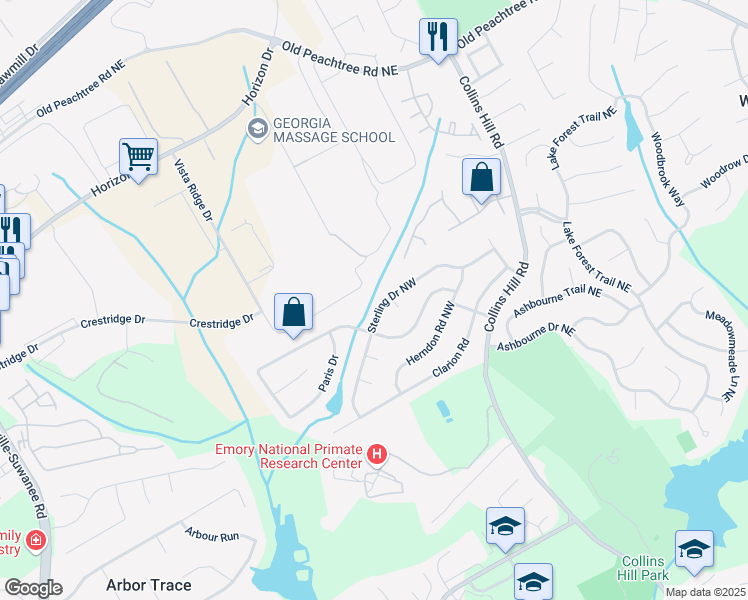 map of restaurants, bars, coffee shops, grocery stores, and more near 2694 Sterling Drive Northwest in Lawrenceville