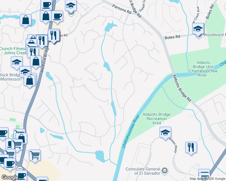 map of restaurants, bars, coffee shops, grocery stores, and more near 1100 Vintage Club Drive in Duluth