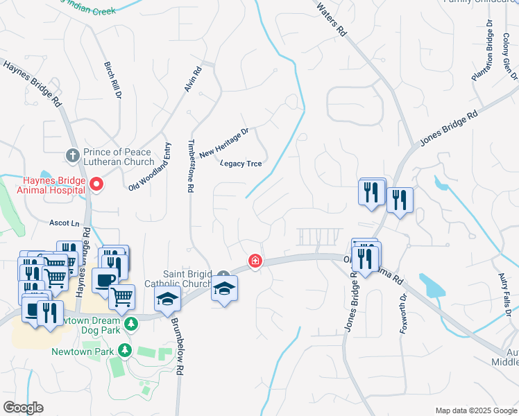 map of restaurants, bars, coffee shops, grocery stores, and more near 510 Rosedown Way in Alpharetta