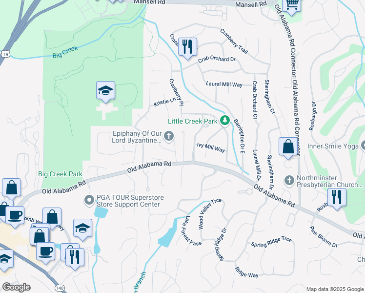 map of restaurants, bars, coffee shops, grocery stores, and more near 1070 Barrington Landing Court in Roswell