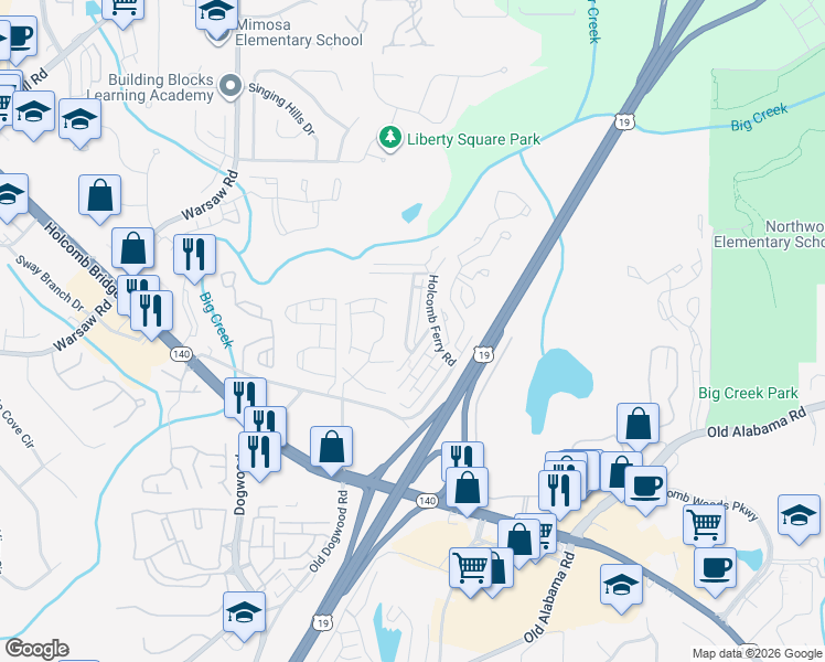 map of restaurants, bars, coffee shops, grocery stores, and more near 205 High Creek Drive in Roswell