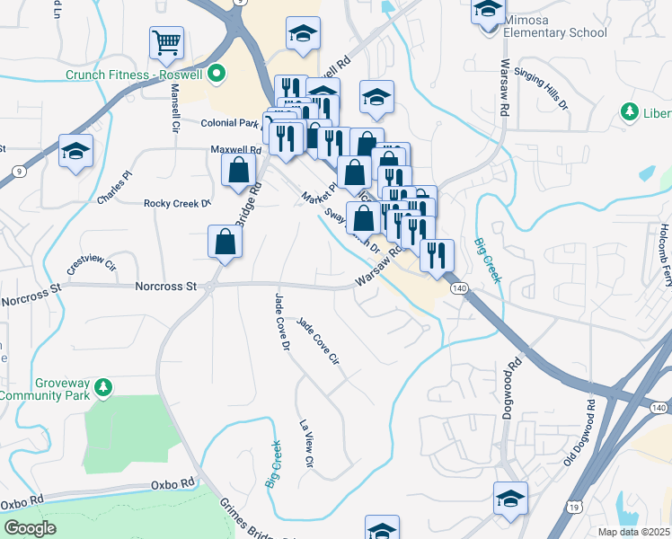 map of restaurants, bars, coffee shops, grocery stores, and more near 5000 Victory Ridge Lane in Roswell