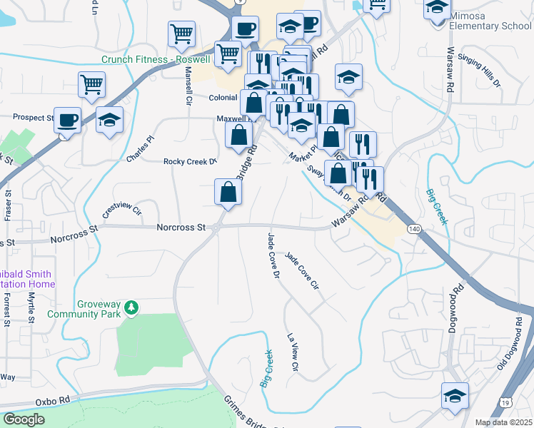map of restaurants, bars, coffee shops, grocery stores, and more near 1075 Tuxedo Court in Roswell