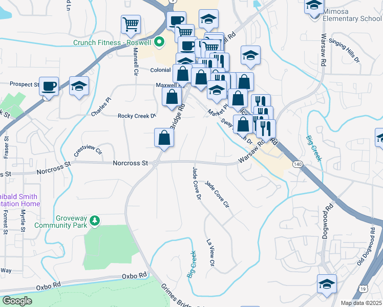 map of restaurants, bars, coffee shops, grocery stores, and more near 1075 Tuxedo Court in Roswell