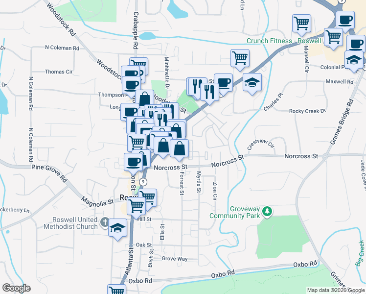 map of restaurants, bars, coffee shops, grocery stores, and more near 1065 Frazier Street in Roswell