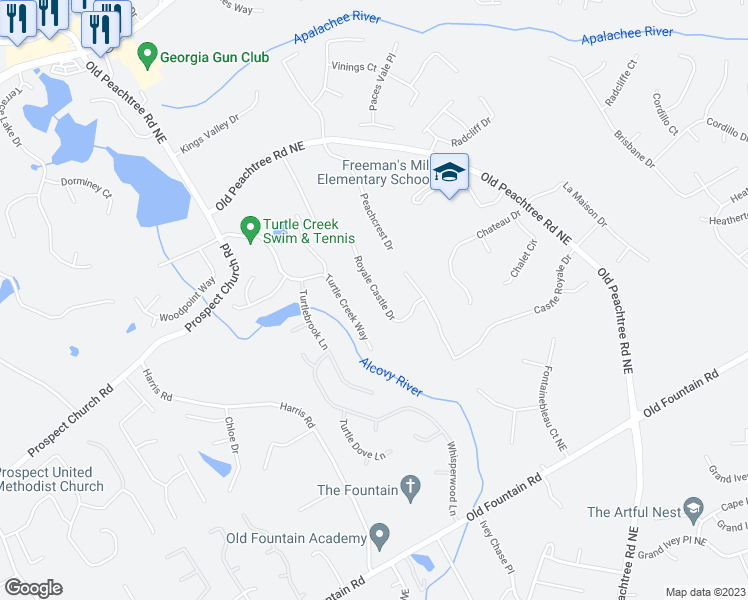 map of restaurants, bars, coffee shops, grocery stores, and more near 1480 Royale Castle Drive in Lawrenceville