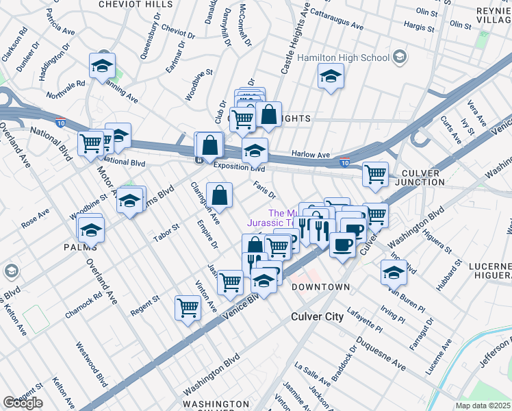 map of restaurants, bars, coffee shops, grocery stores, and more near 9737 Charnock Avenue in Los Angeles