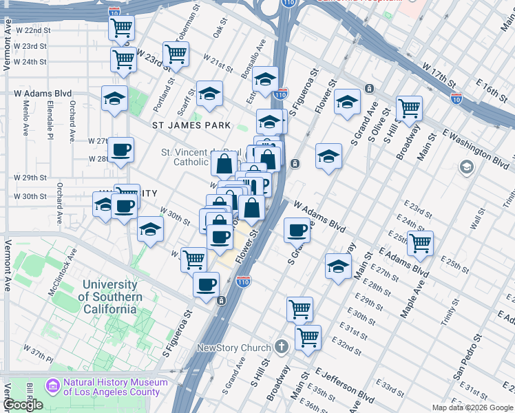 map of restaurants, bars, coffee shops, grocery stores, and more near 2626 South Figueroa Street in Los Angeles