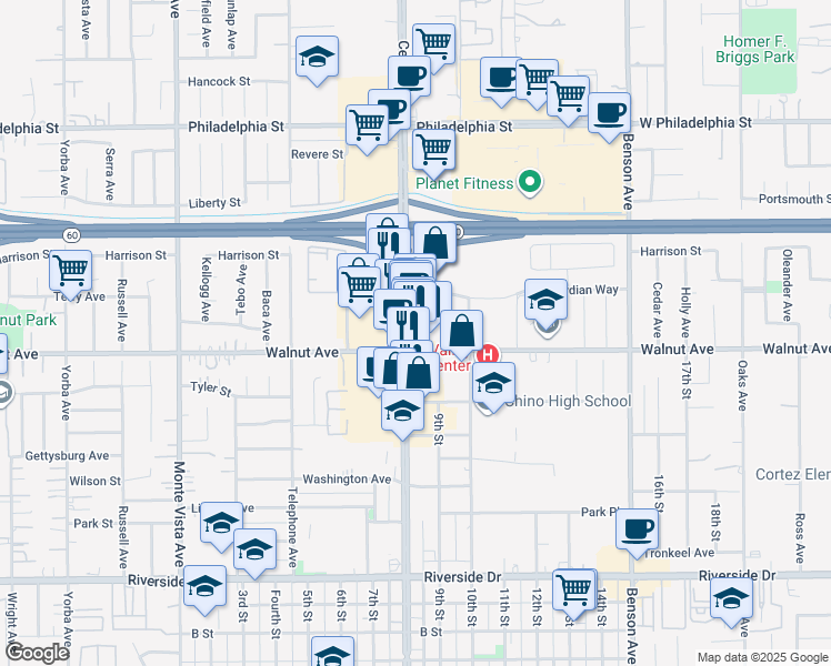 map of restaurants, bars, coffee shops, grocery stores, and more near 12455 Central Avenue in Chino