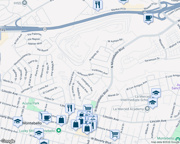 map of restaurants, bars, coffee shops, grocery stores, and more near 1001 Yorktown Avenue in Montebello
