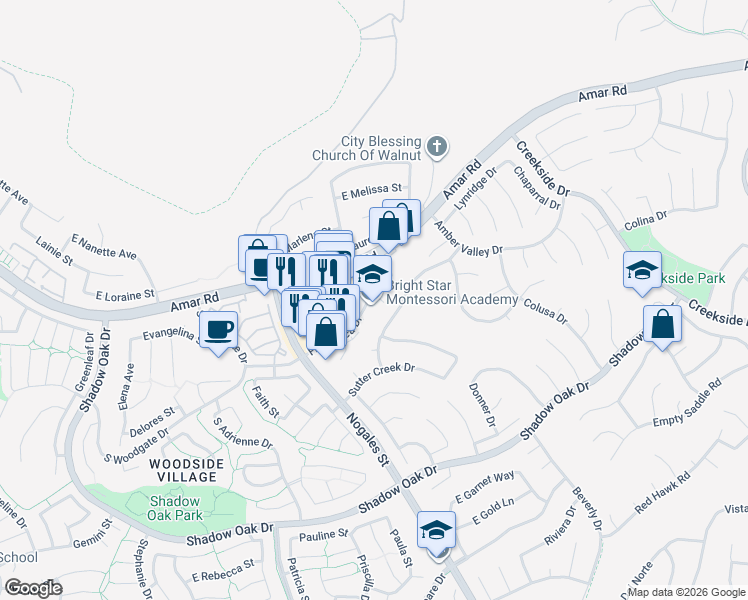 map of restaurants, bars, coffee shops, grocery stores, and more near 828 Francesca Drive in West Covina