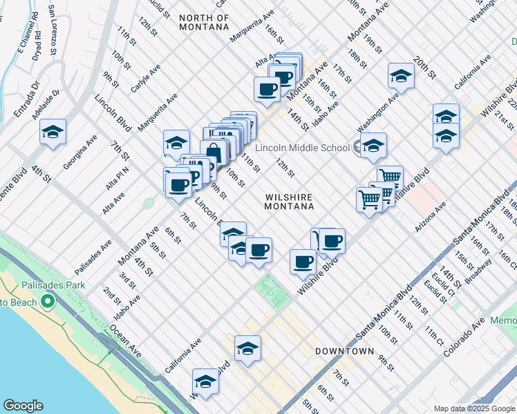 map of restaurants, bars, coffee shops, grocery stores, and more near 932 10th Street in Santa Monica