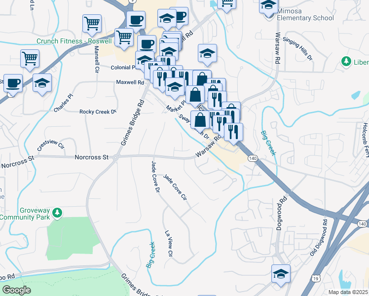 map of restaurants, bars, coffee shops, grocery stores, and more near 5000 Victory Ridge Lane in Roswell