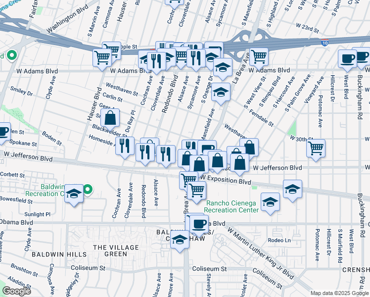 map of restaurants, bars, coffee shops, grocery stores, and more near 2931 South Orange Drive in Los Angeles
