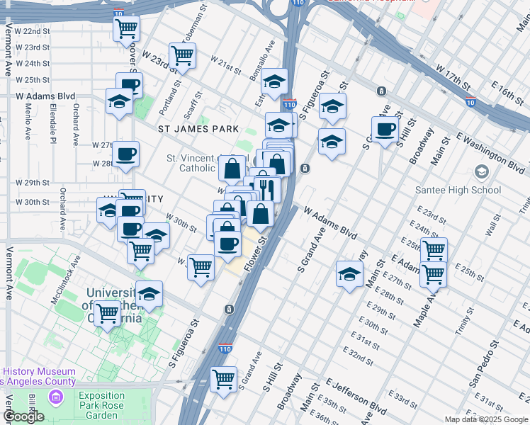 map of restaurants, bars, coffee shops, grocery stores, and more near 2626 South Figueroa Street in Los Angeles