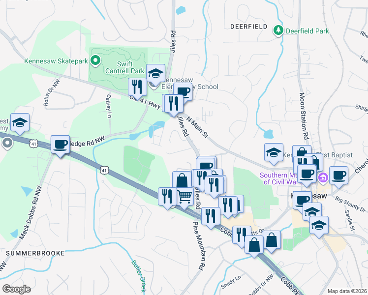 map of restaurants, bars, coffee shops, grocery stores, and more near 1012 Kennesborough Road Northwest in Kennesaw